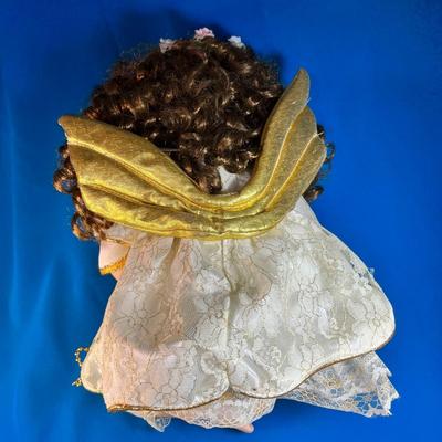PORCELAIN FAIRY/ANGEL DOLL w/ CURLY HAIR, REAL EYELASHES, GOLD TRIMMED GOWN