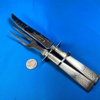 CARVING SET WITH SILVER PLATE HANDLES, MADE IN SHEFFIELD ENGLAND, BASKETWEAVE PATTERN