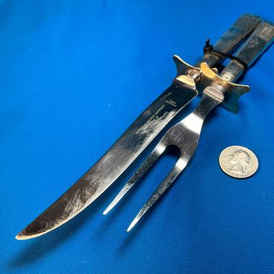 CARVING SET WITH SILVER PLATE HANDLES, MADE IN SHEFFIELD ENGLAND, BASKETWEAVE PATTERN