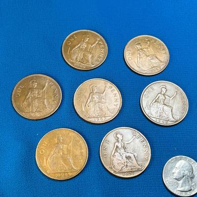 SET OF 7 BRITISH PENNIES, 3 MONARCHS