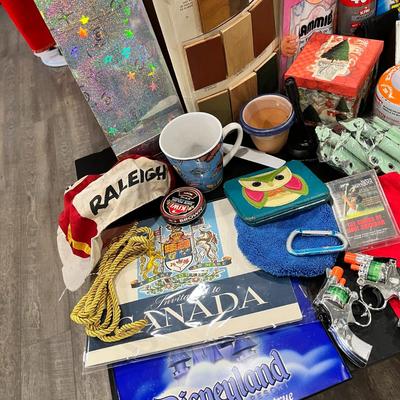 HOUSEHOLD POTPOURRI- TABLE TOP FULL OF ASSORTED ITEMS FROM AROUND THE HOUSE