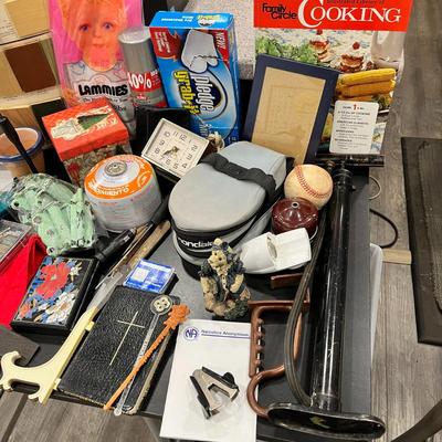 HOUSEHOLD POTPOURRI- TABLE TOP FULL OF ASSORTED ITEMS FROM AROUND THE HOUSE