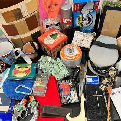 HOUSEHOLD POTPOURRI- TABLE TOP FULL OF ASSORTED ITEMS FROM AROUND THE HOUSE
