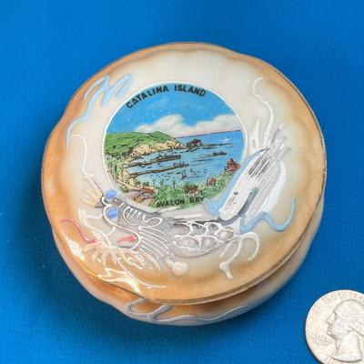 LUSTRE WARE SOUVENIR LIDDED DISH WITH RAISED DRAGON EMBELLISHMENT "CATALINA ISLAND"