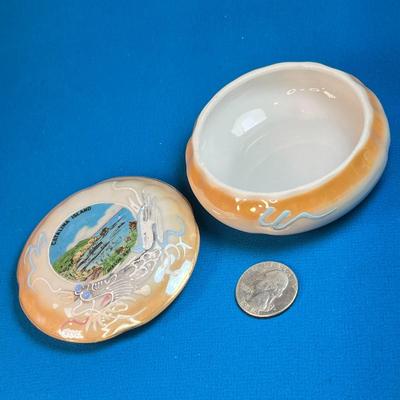 LUSTRE WARE SOUVENIR LIDDED DISH WITH RAISED DRAGON EMBELLISHMENT "CATALINA ISLAND"