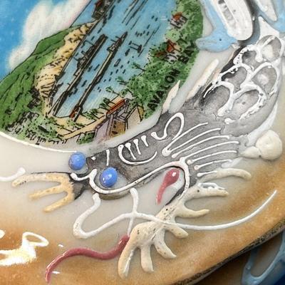 LUSTRE WARE SOUVENIR LIDDED DISH WITH RAISED DRAGON EMBELLISHMENT "CATALINA ISLAND"