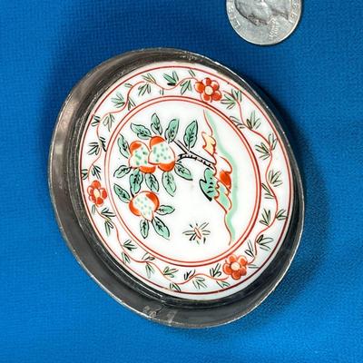 METAL DISH WITH PORCELAIN HAND PAINTED INSET, CHINESE? CHARACTERS ON BOTTOM