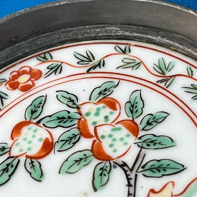METAL DISH WITH PORCELAIN HAND PAINTED INSET, CHINESE? CHARACTERS ON BOTTOM