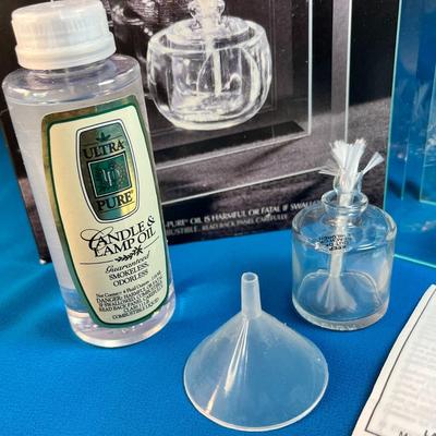 GLASS CONTEMPORARY OIL LAMP NEW IN BOX WITH OIL, FUNNEL AND INSTRUCTIONS