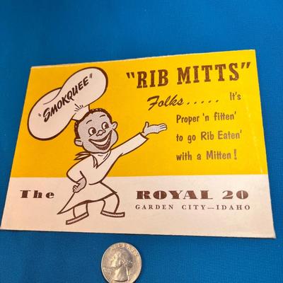 VINTAGE "SMOKQUEE" RIB MITTS ENVELOPE FROM THE ROYAL 20 RESTAURANT, GARDEN CITY, IDAHO
