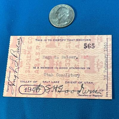 1940 "ANCIENT & ACCEPTED SCOTTISH RITE OF FREEMASONRY" MEMBERSHIP CARD 