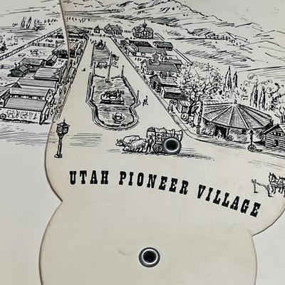 VINTAGE TRI-FOLD PAPER FAN "PIONEER VILLAGE" BEFORE IT WAS MOVED TO LAGOON