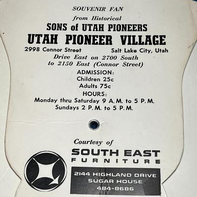 VINTAGE TRI-FOLD PAPER FAN "PIONEER VILLAGE" BEFORE IT WAS MOVED TO LAGOON