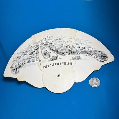 VINTAGE TRI-FOLD PAPER FAN "PIONEER VILLAGE" BEFORE IT WAS MOVED TO LAGOON