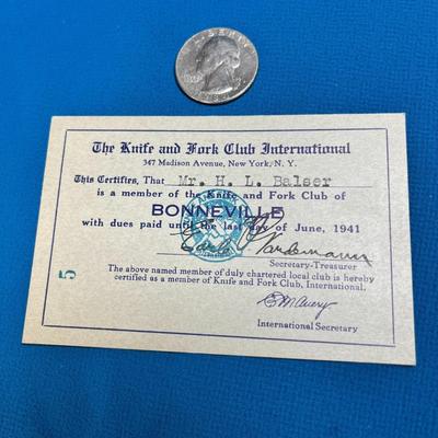 1941 "KNIFE & FORK CLUB INTERNATIONAL" MEMBERSHIP CARD, BONNEVILLE CHAPTER
