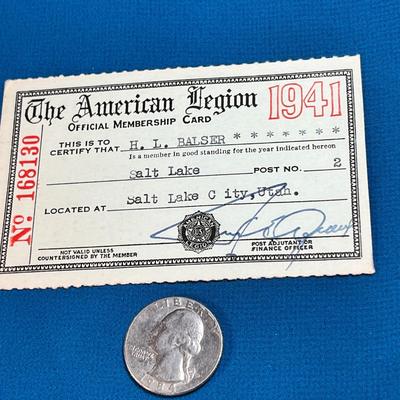 1941 AMERICAN LEGION OFFICIAL MEMBERSHIP CARD, SALT LAKE POST