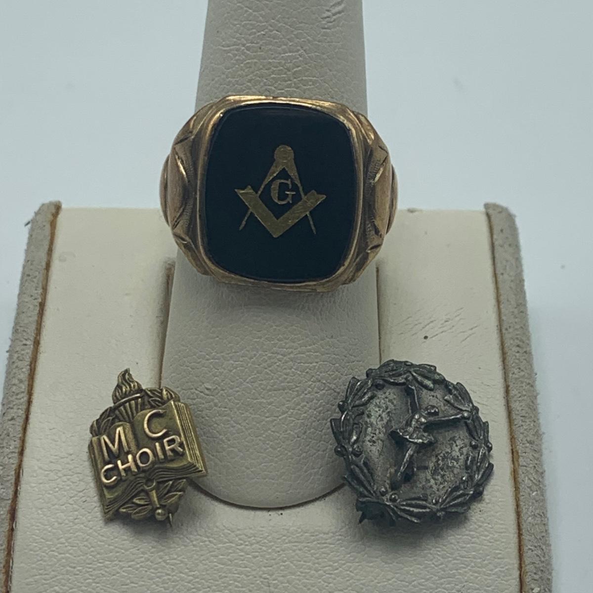 thumbnail image 2 of Men's Sterling Silver Black Onyx Masonic Ring – CZ Stones, Textured Sides – Handmade 2 of 5