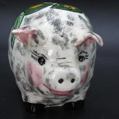 Sitting Piggy Bank Ceramic Flower Theme Black & White Pig