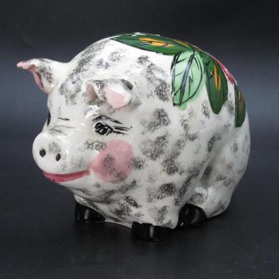 Sitting Piggy Bank Ceramic Flower Theme Black & White Pig