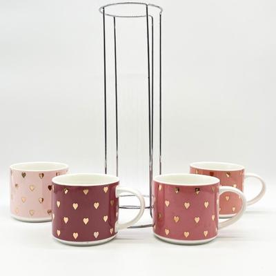 COCO + LOLA ~ Four Pink With Gold Hearts Stackable Coffee Mug ~ With Silver Metal Rack
