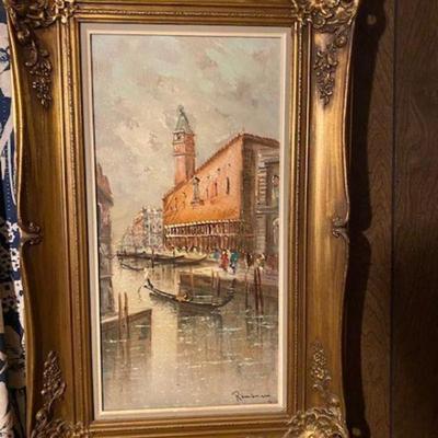  Price $45 Original  signed Venice Scene Painting Ornate gilt frame Approx 32 x 19 inches