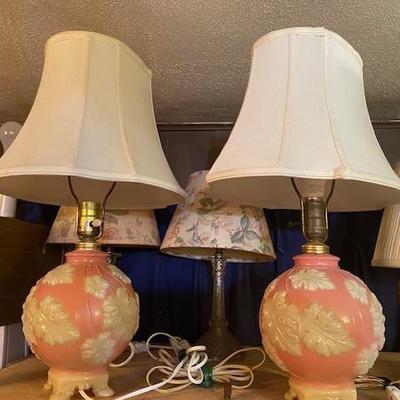 1930s pink and white relief design electric lamp pair  works well