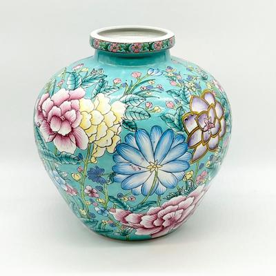 Large Teal Blue Porcelain Floral Vase