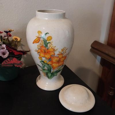 CERAMIC PAINTED VASE AND TWO LARGE PAINTED EGGS