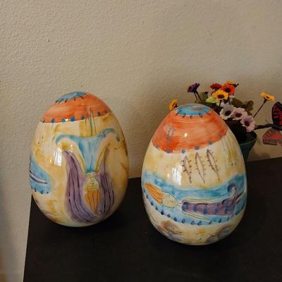CERAMIC PAINTED VASE AND TWO LARGE PAINTED EGGS