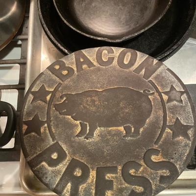 Cast Iron pans, bacon press and pots