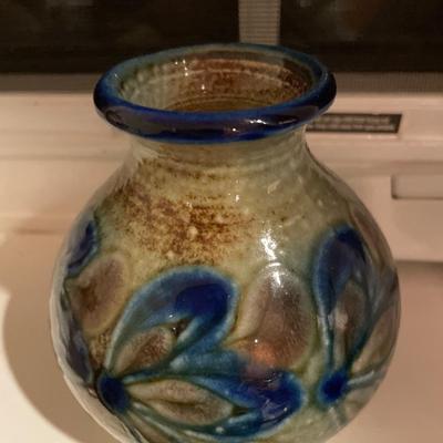 Centennial pottery and large blue pitcher with glass ball on top