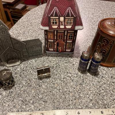 Blue S&P shakers, brown small pottery and churches
