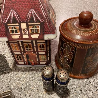 Blue S&P shakers, brown small pottery and churches