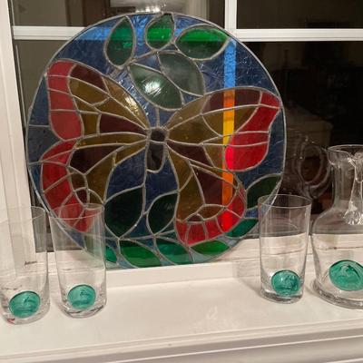 Large round butterfly stained glass and deer pitcher set