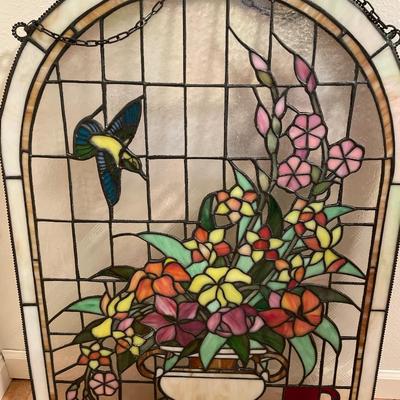 Large hummingbird with flowers stained glass & small glass hummingbird