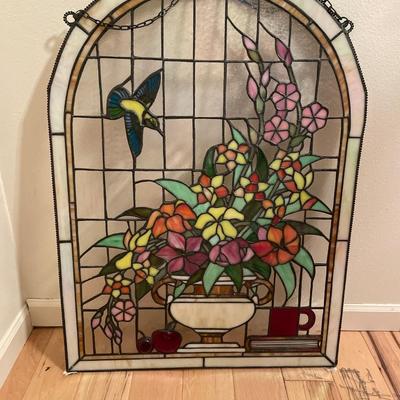 Large hummingbird with flowers stained glass & small glass hummingbird