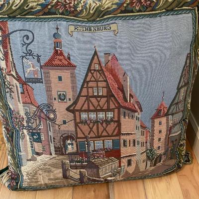 Oil painting with village and water with Rothenburg pillow