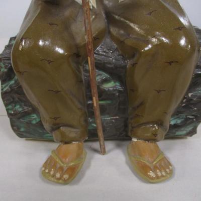 Japanese Vintage Hakata Urasaki Doll Clay Figurine Sitting Man with Bird in Hand