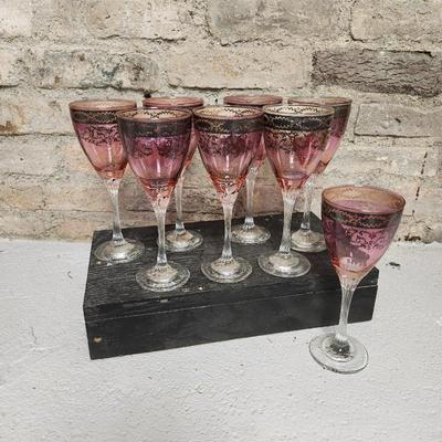 8 ruby flashed silver decorated flutes