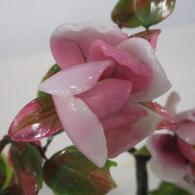 Vintage Chinese Jade Glass Bonsai Tree Asian Pink Flowers Approx 9 1/2