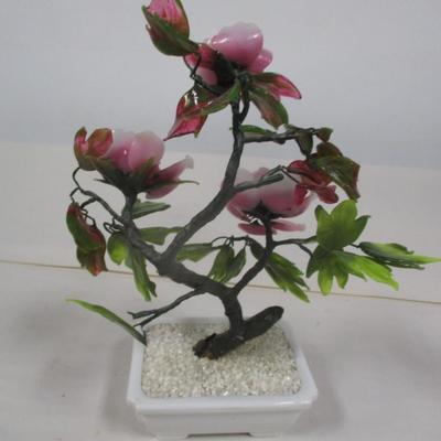 Vintage Chinese Jade Glass Bonsai Tree Asian Pink Flowers Approx 9 1/2