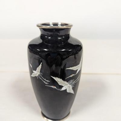 Japanese Cloisonne Vase Cranes On a Black Background