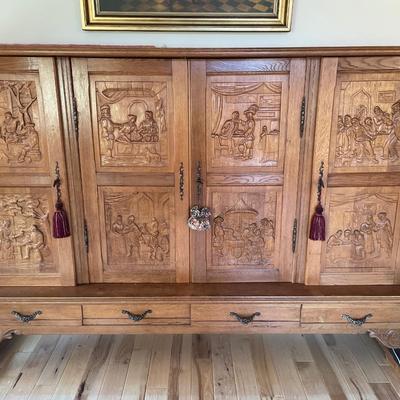 Amazing vintage/antique German hand carved front hutch with 4 drawers