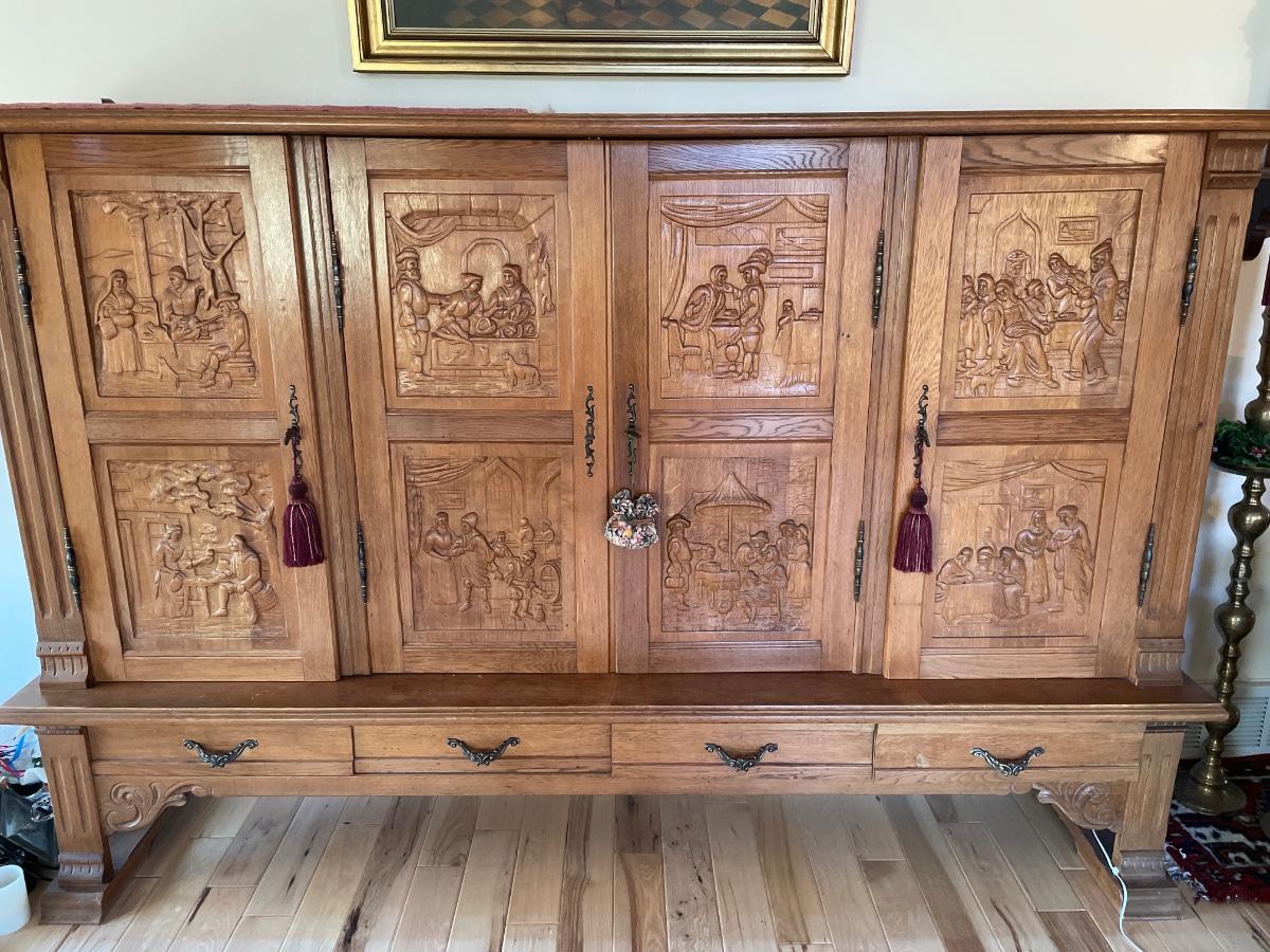 Amazing vintage/antique German hand carved front hutch with 4 drawers