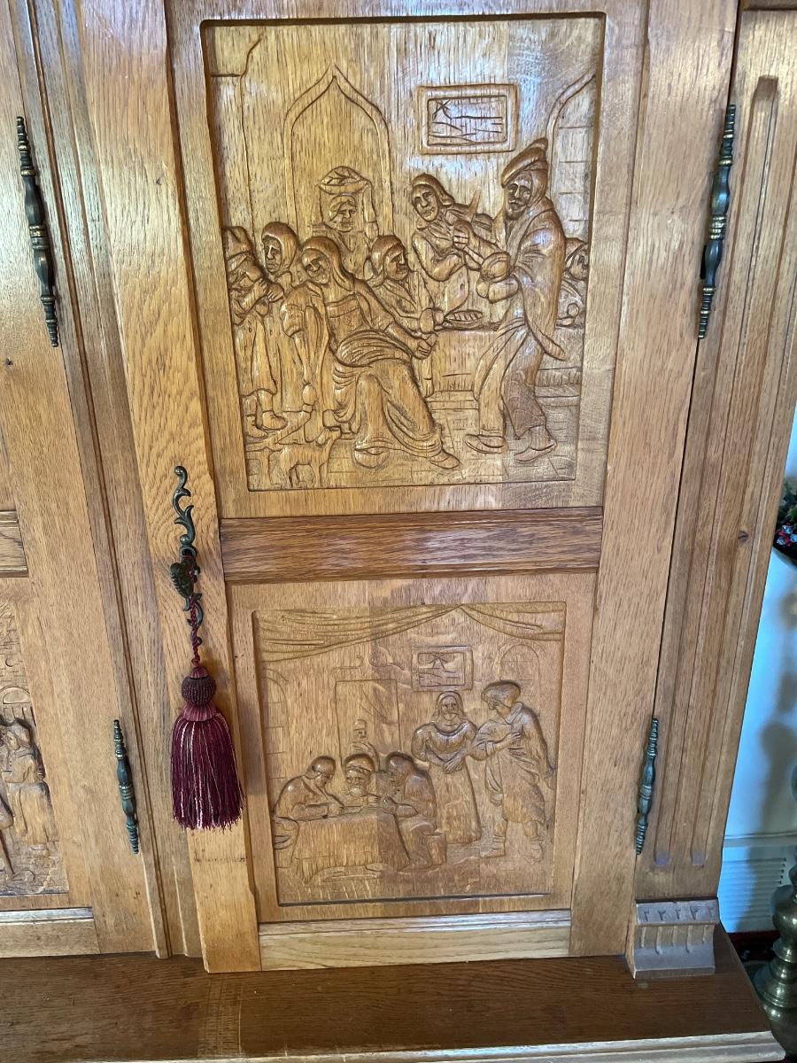 Amazing vintage/antique German hand carved front hutch with 4 drawers