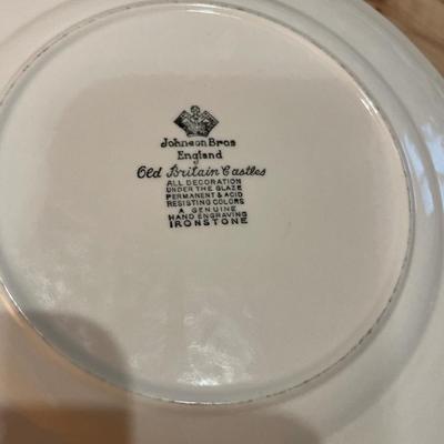 Black edge Mikasa and Johnson Bros tea cups and desert plate