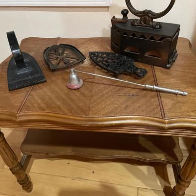 Side table with vintage irons