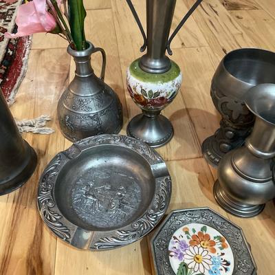 Pewter goblets and ashtray with bowl