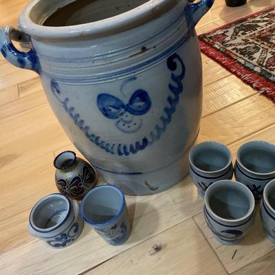 Large pottery crock and cups