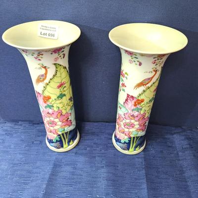 Pair Mottahedeh Portugal Tobacco Leaf Trumpet Vases Vista Alegre 11"